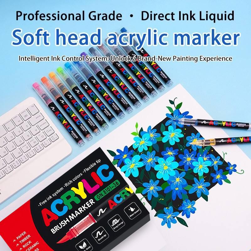 36 Color Acrylic Paint Pens, Soft Brush Tip Acrylic Paint Markers,Quick-Drying Waterproof Acrylic Markers for Canvas, Rock Painting, Wood, Stone, Glass, Ceramic, Fabric Painting, DIY Crafts