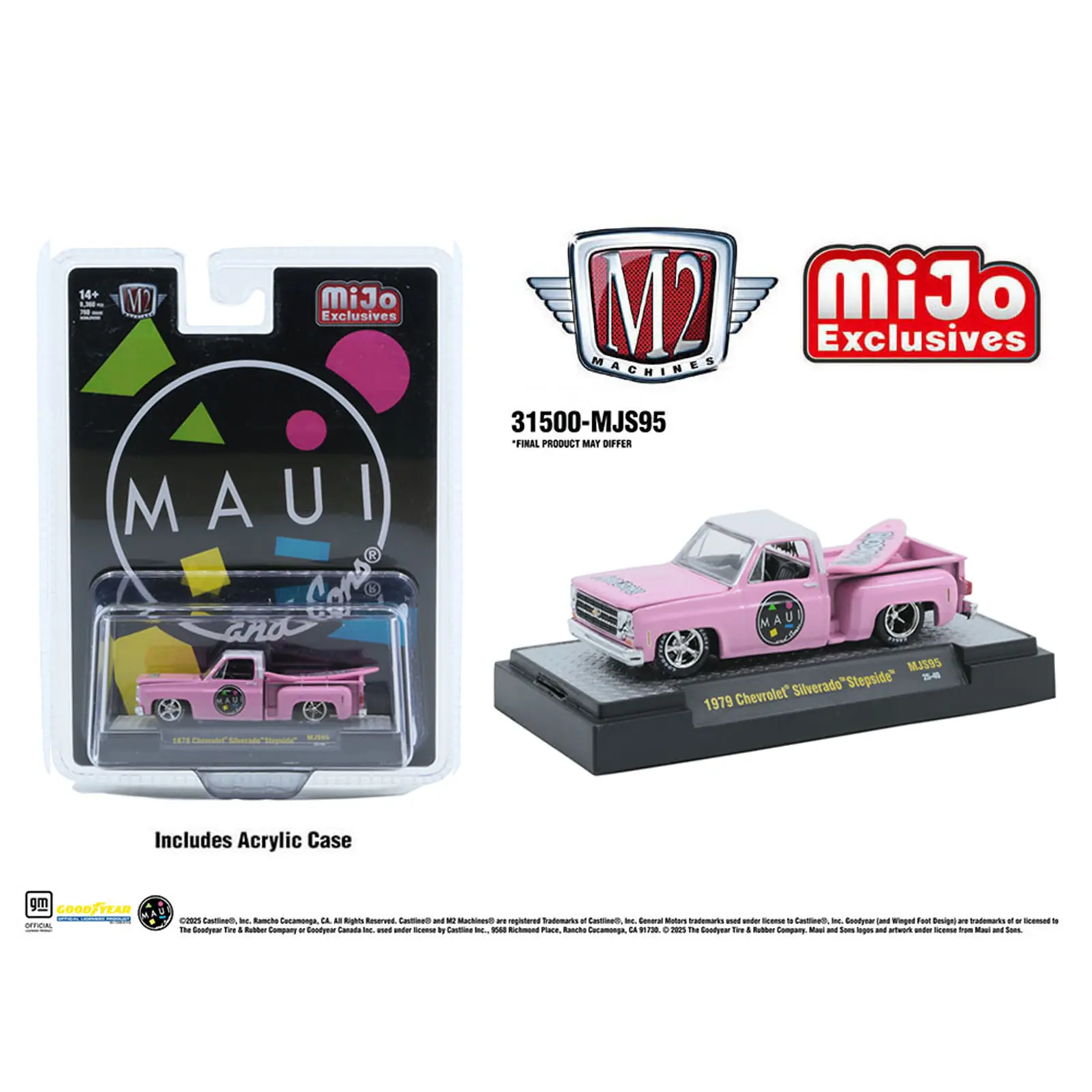 M2 1979 Chevrolet Silverado Stepside with Surfboard, Pink, 1:64 Scale, Diecast Model Car