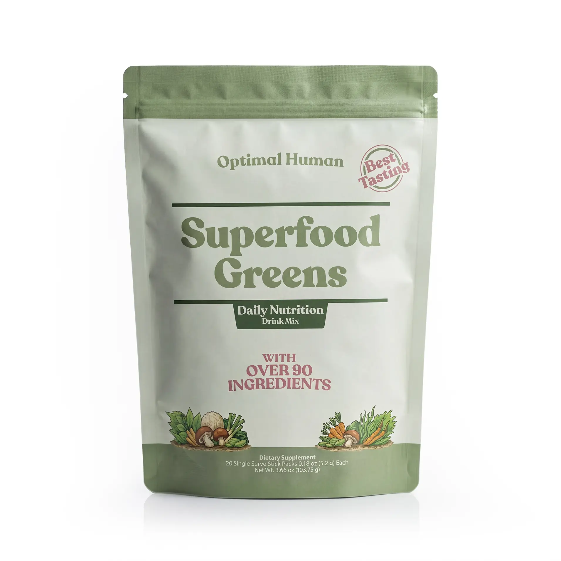 Optimal Human Superfood Greens Powder – 90+ Ingredient Blend with Lion’s Mane Supplement, Ashwagandha & Turmeric – Non-GMO, Soy-Free, Mushroom Supplements for Women – 20 Sachets