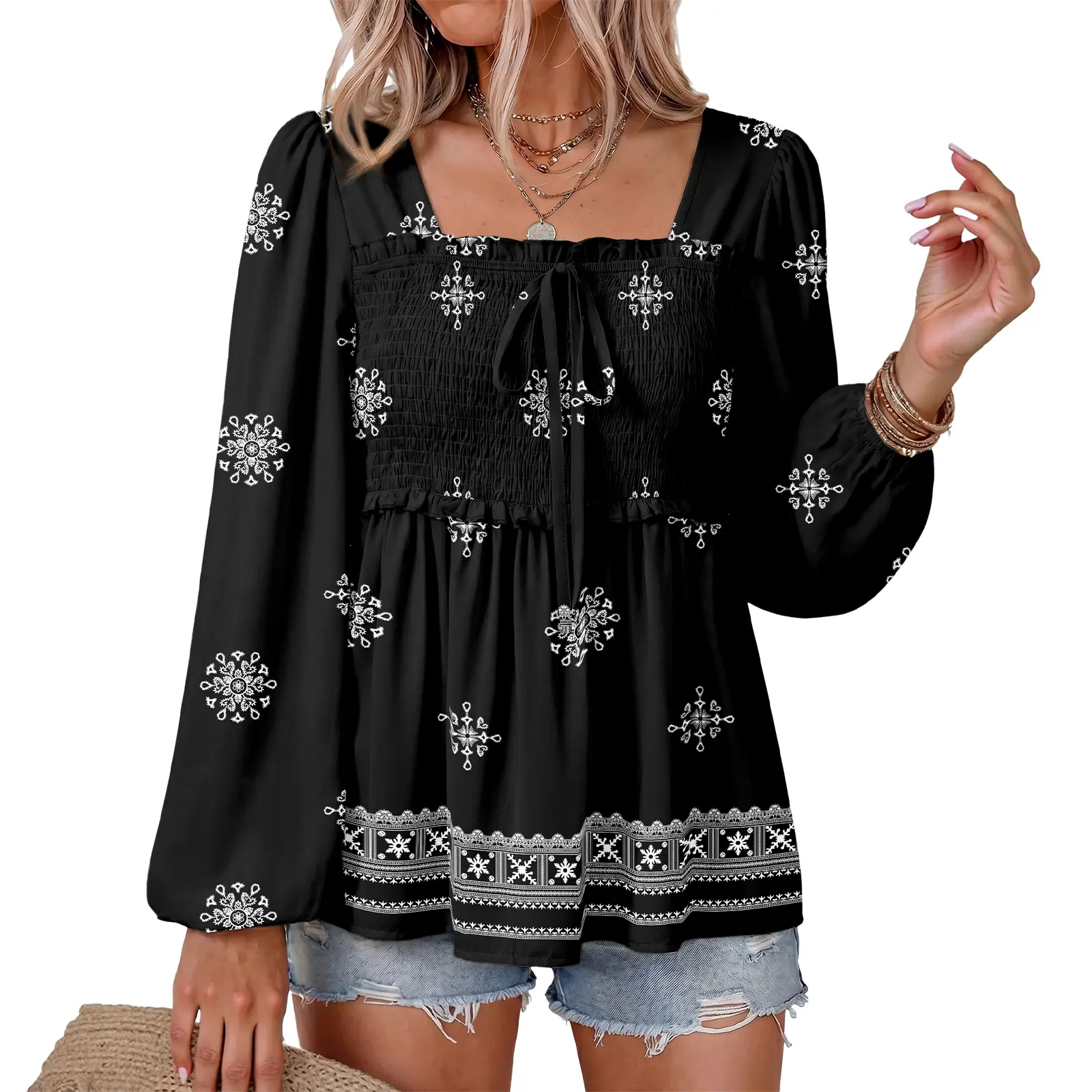Dokotoo Womens Tops Boho Floral Long Sleeve Square Neck Smocked Ruffle Peplum Babydoll Casual Loose Blouses Shirts