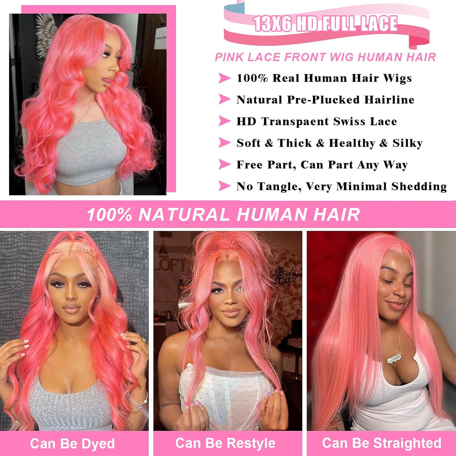 Pink Lace Front Wig Human Hair Body Wave 30 Inch Hot Pink 180% Density HD Transparent Lace Frontal Glueless for Women Natural Look Seamless Hairline Vibrant Style & Color
