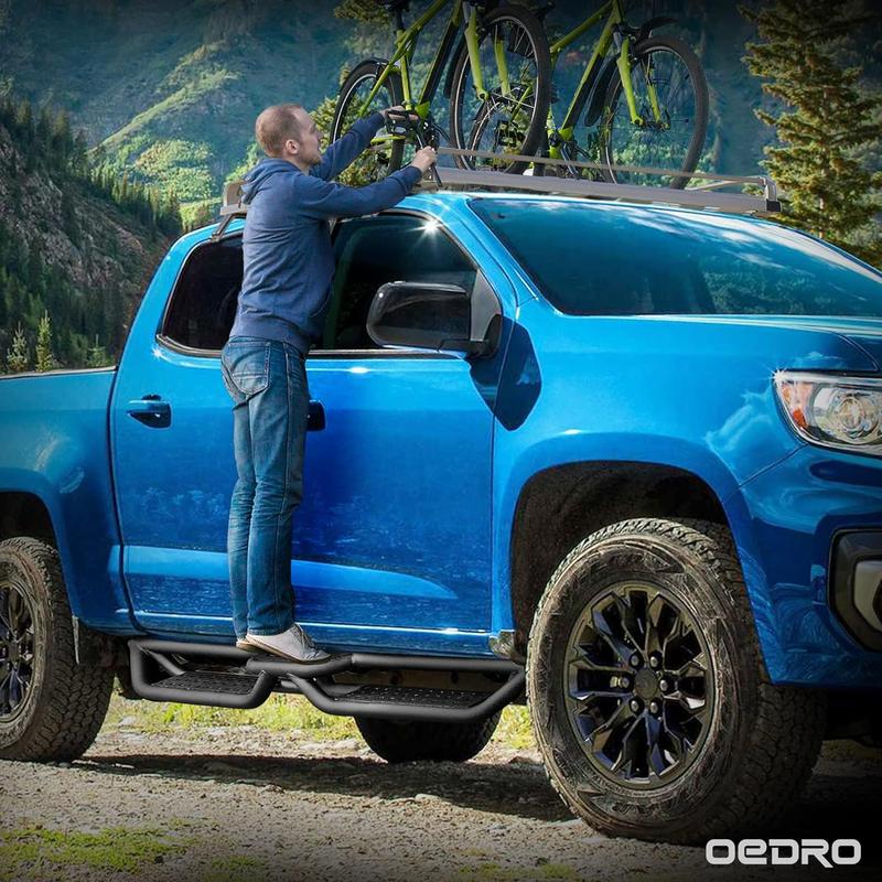 oEdRo Running Boards Compatible with 2024-2025 Toyota Tacoma Double/Crew Cab 4 Full-Size Doors, Two Stair Design Side Step Rails, Powder-Coated Black Carbon Steel Nerf Bars