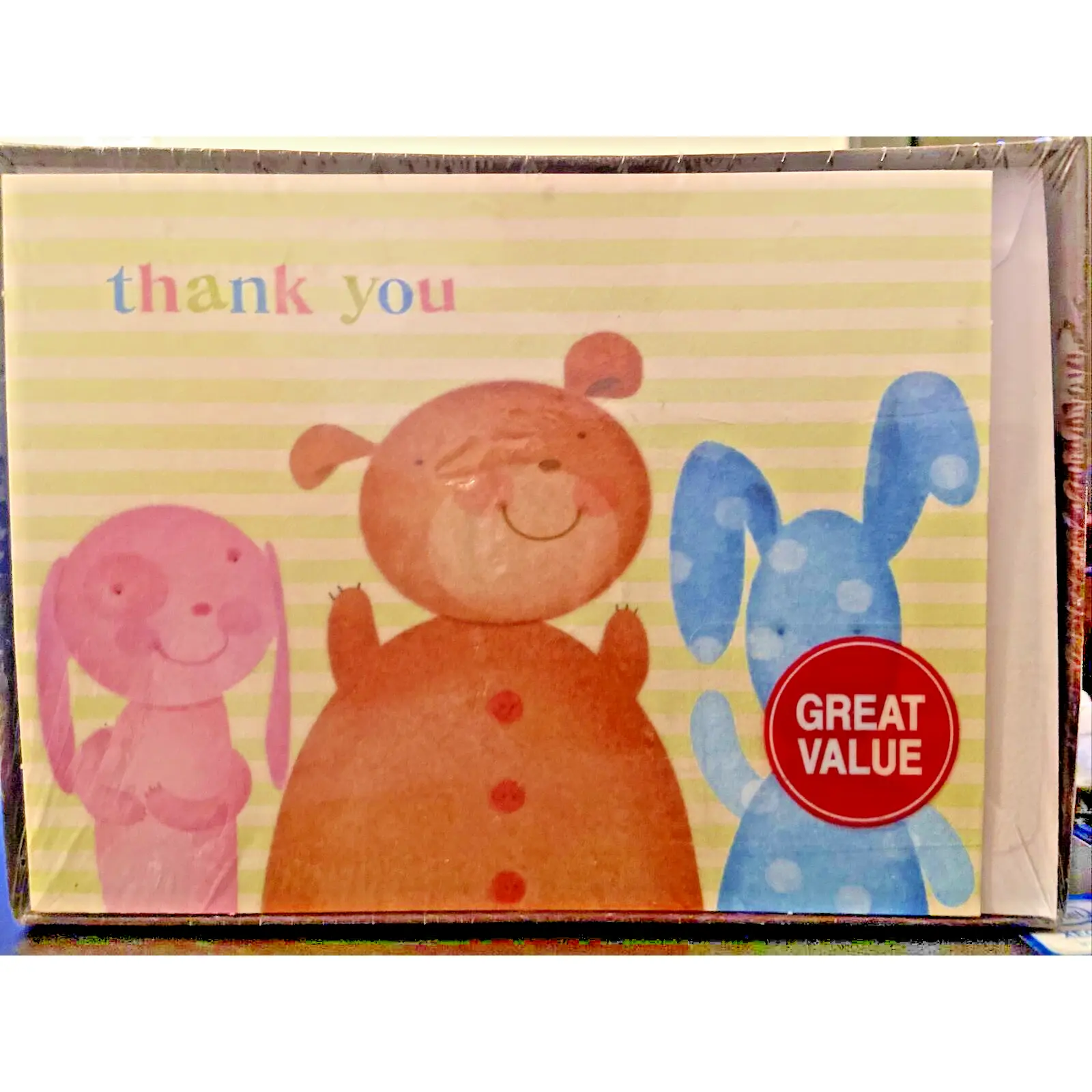 Hallmark Pink Bunny-Brown Bear-Blue Puppy Thank You Cards w/ Envelopes Box of 20