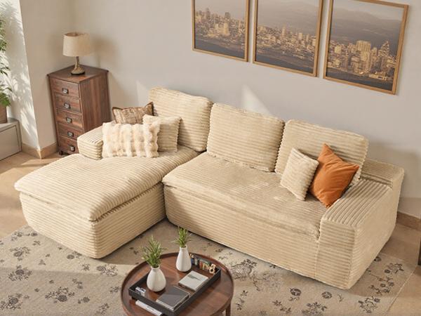 【2 Packages Shipping】Ovios 106" Modular Cloud Couch with Chaise, Upgraded Double Layer Cushion Plush Corduroy, No Assembly Required - L-Shaped Sectional Sofa Set with Flexible Configuration - 3 Seater