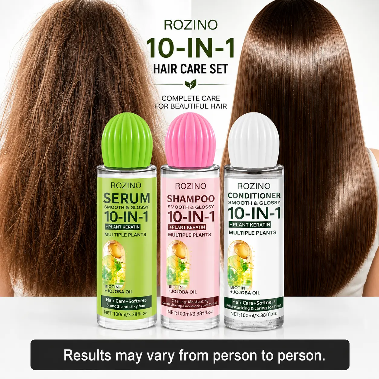 ROZINO Shampoo, Conditioner & Hair Serum Set - 100ml*3 Each, Keratin, Biotin & Jojoba Oil, Daily Hair Care Collection for Most Hair Types,back to school