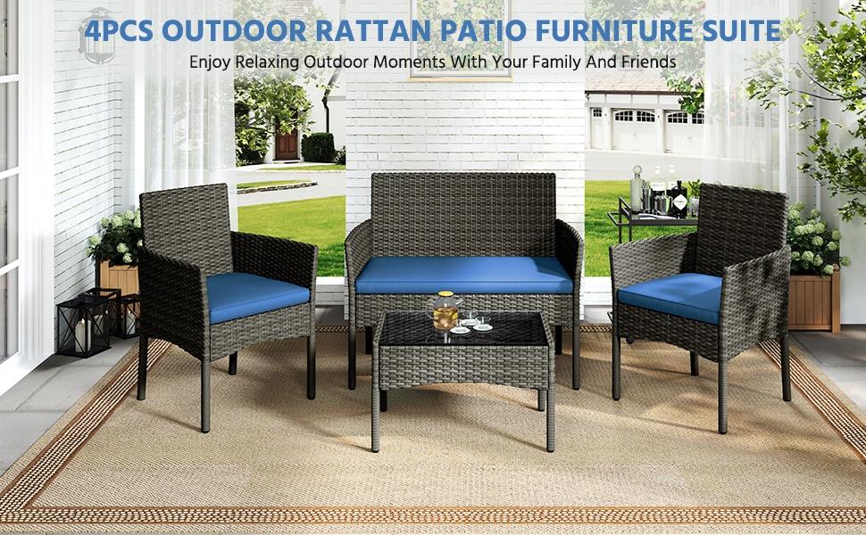 【Crazy Price】Yaheetech 4-Piece Patio Furniture Set Hand-Woven PE Rattan Conversation Set with Soft Cushions & Tempered Glass Table for Backyard Garden Poolside