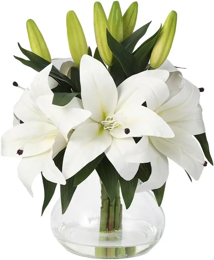 GAOMON Artificial Lily Flower, Faux Lily Flowers Stems for Vase, Silk Fake Flowers for Home Table Office Wedding Party Decor (White)