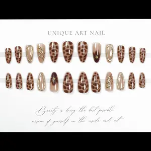 FREE GLUE INCLUDED!24 pcs x Press-on Nails, Luxury Leopard Print 3D Press on Nails | Almond Shape with Gold Metal Lines & Floral Accents | Reusable French Tips | Professional Set with Glue & Tabs | Perfect for Party, Wedding & Daily Glam