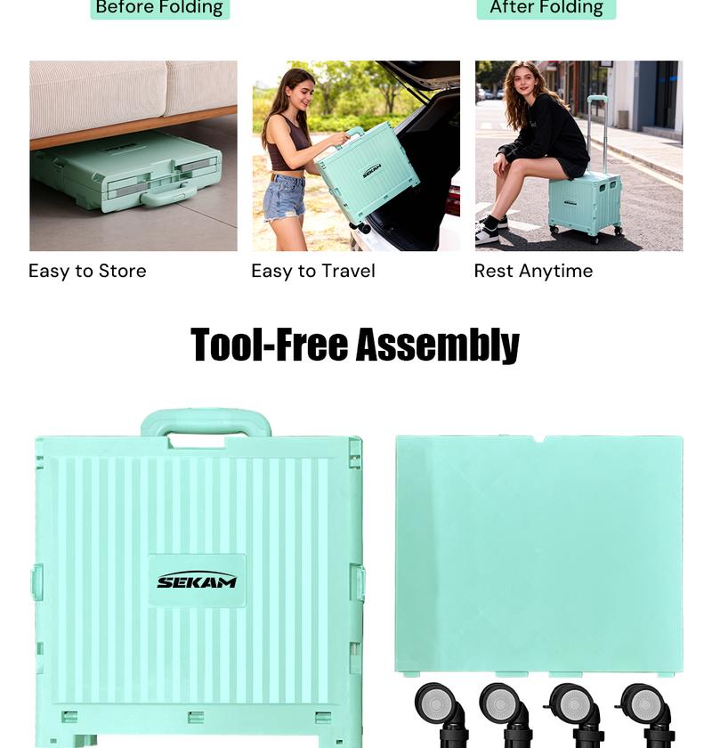 Foldable Rolling Utility Cart with 360° Wheels – Portable, Collapsible Crate with Telescopic Handle and Lid for Travel, Grocery Office Use