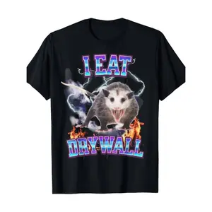 Cotton T-Shirt With Funny Possum Graphic - "I Eat Drywall" Casual Crew Neck Short Sleeve Oversized Crewneck