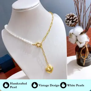 Square Chain Joint Pearl Necklace - Handcrafted Pearl Pendant, Vintage Design, Pearl Drop Necklace, Modern Style