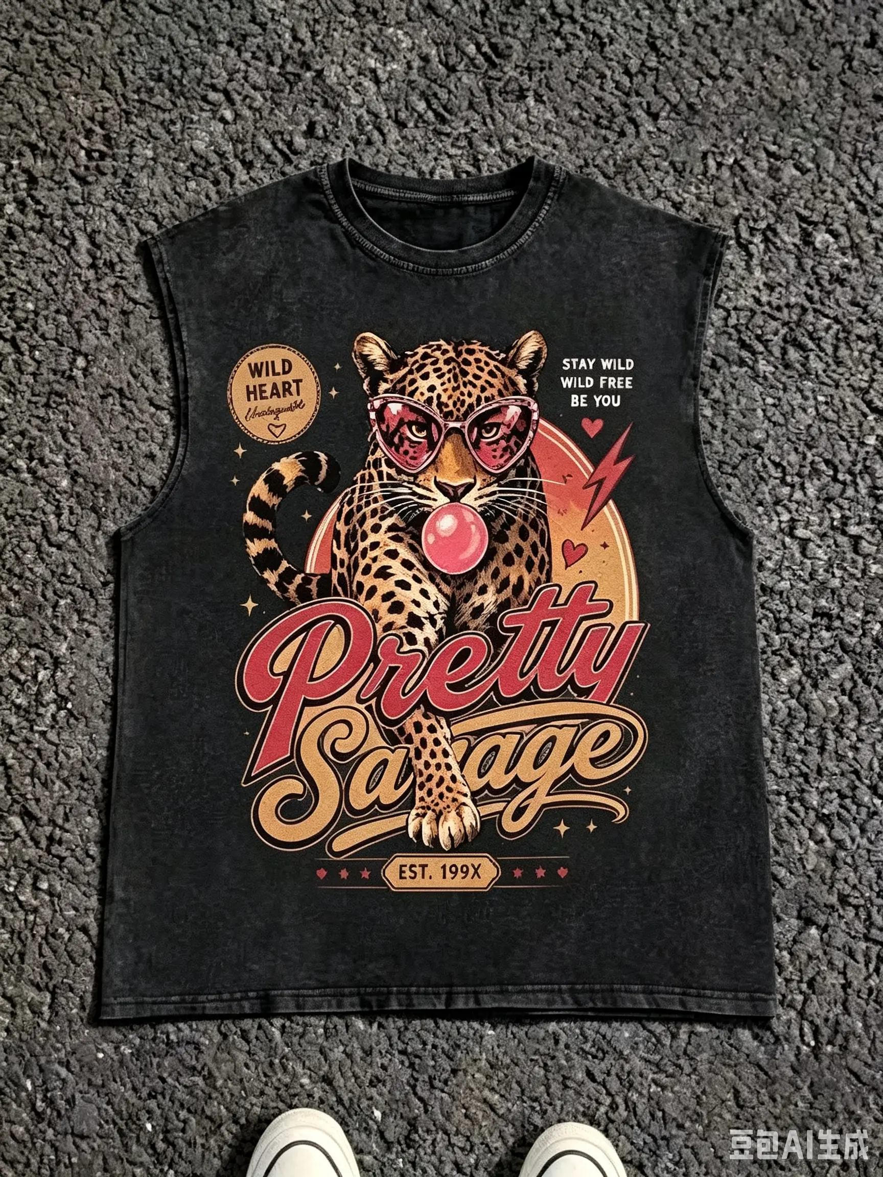 Vintage Acid Wash Black Sleeveless Tank Top, Pretty Savage Bubble Gum Leopard With Pink Sunglasses Retro Western Graphic Vest, Wild Heart Stay Wild Free Distressed Y2K Oversized Streetwear Women Gym Tank Tee