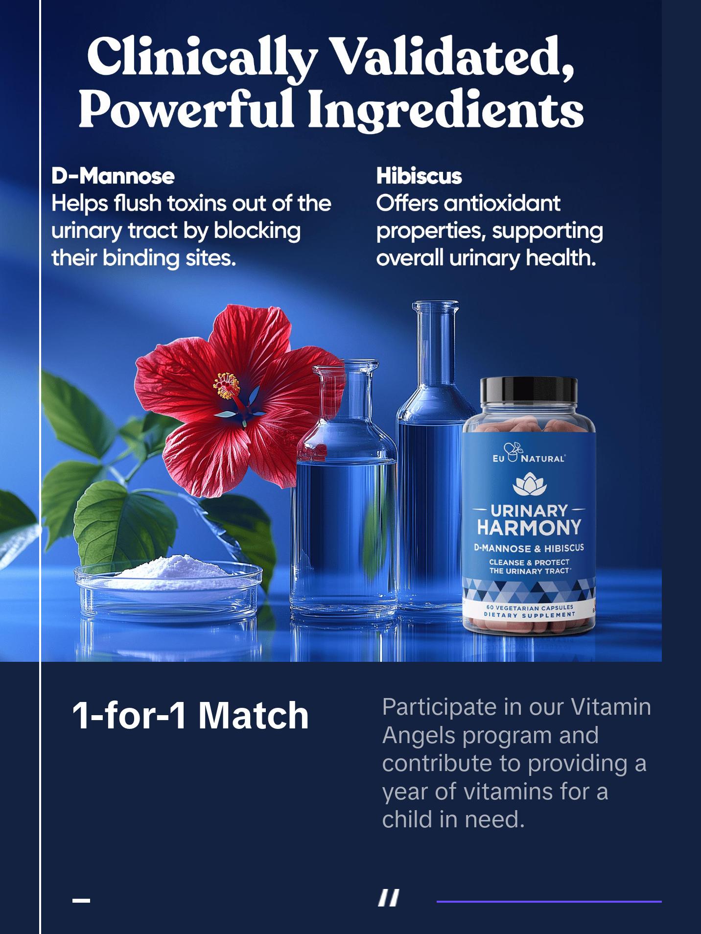 Eu Natural Urinary Harmony - D-Mannose & Hibiscus - 60 Vegetarian Capsules - Natural Urinary Tract UTI Cleanse & Protection - Urinary Health Support Supplement