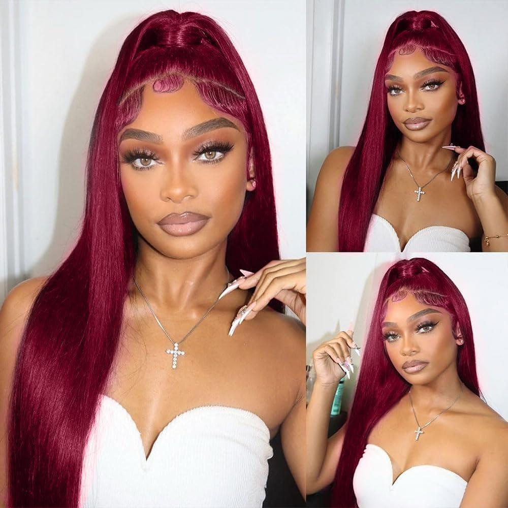 99J Burgundy 13x6 Hd Transparent Lace Frontal Wig Pre plucked Straight /Body Wave Lace Front Wigs Human Hair For Women 180% Density