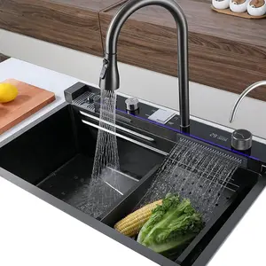 Modern 29.5 Inch Digital Display Embossed Stainless Steel Nano Black Raindance Waterfall Sink with Pressurized Cup Washer and Two Waterfalls Smart Digital Display 29.5x18 INCH