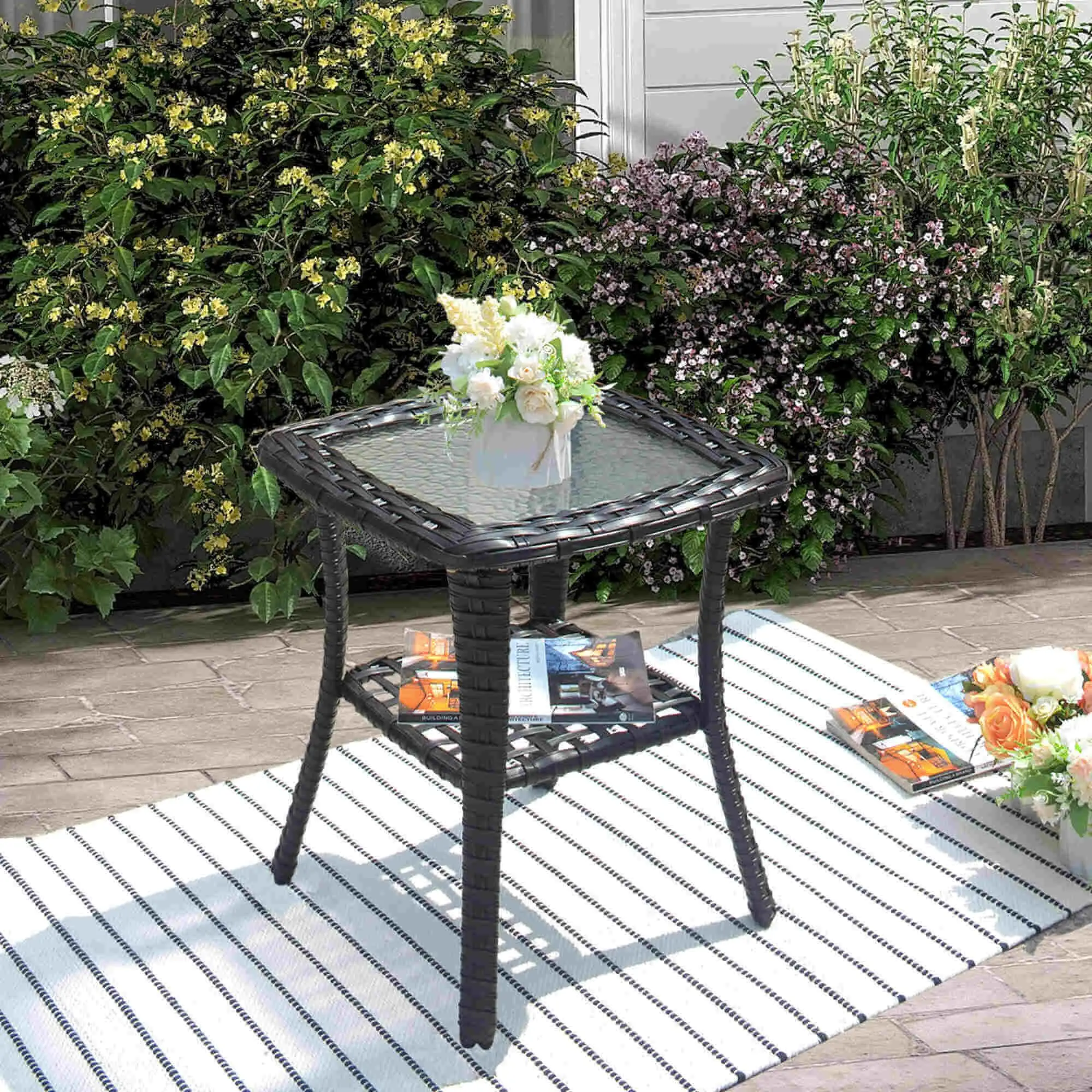 【Summerfinds】Ovios Outdoor Patio Side Table with Tempered Glass Top, Wicker Rattan Coffee End Table with Storage Shelf, All-Weather Table for Balcony Backyard Deck Porch Garden Seating Area