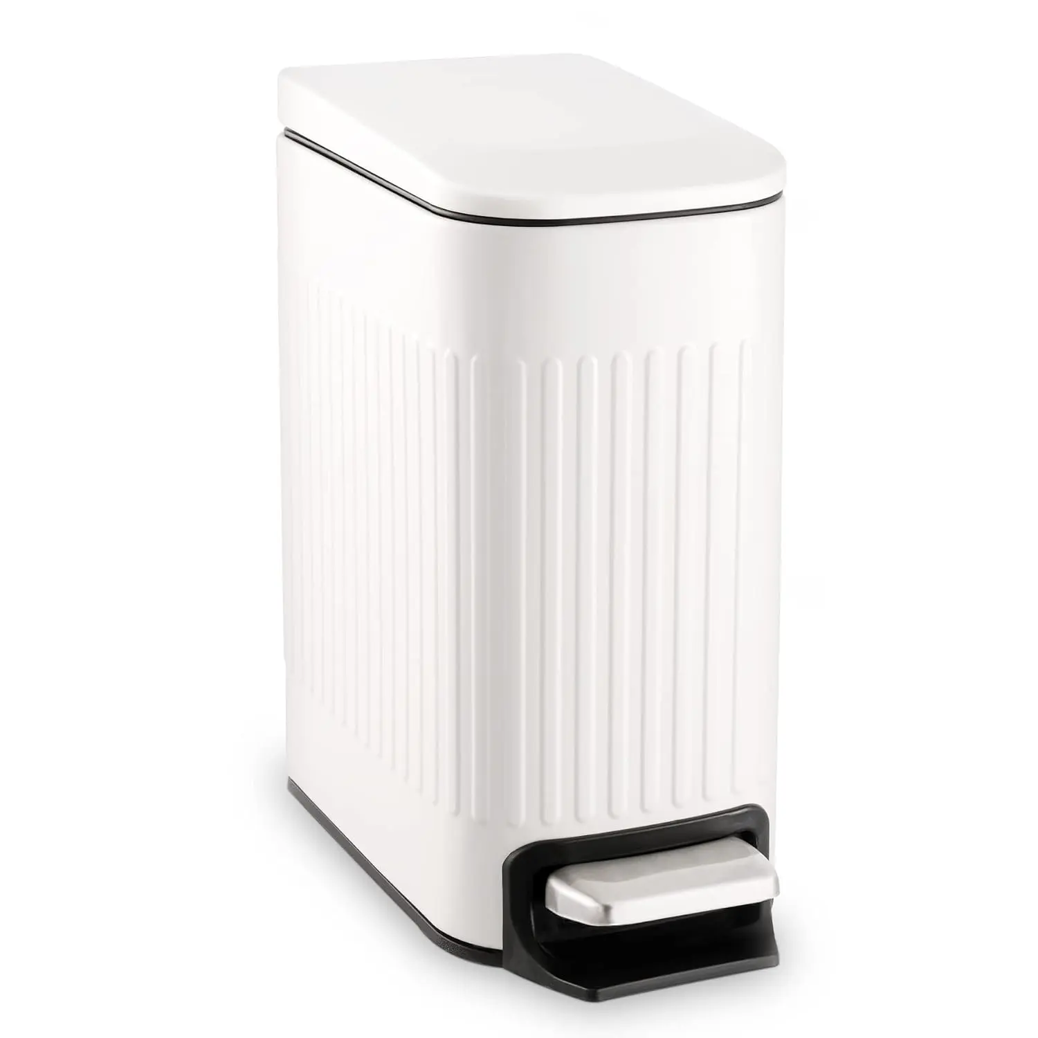 Ultra-thin bathroom trash can with lid and soft-close mechanism, 6 liters/1.6 gallons stainless steel small trash bin, with removable inner bin, pedal-operated, suitable for bathrooms, offices, and bedrooms, white