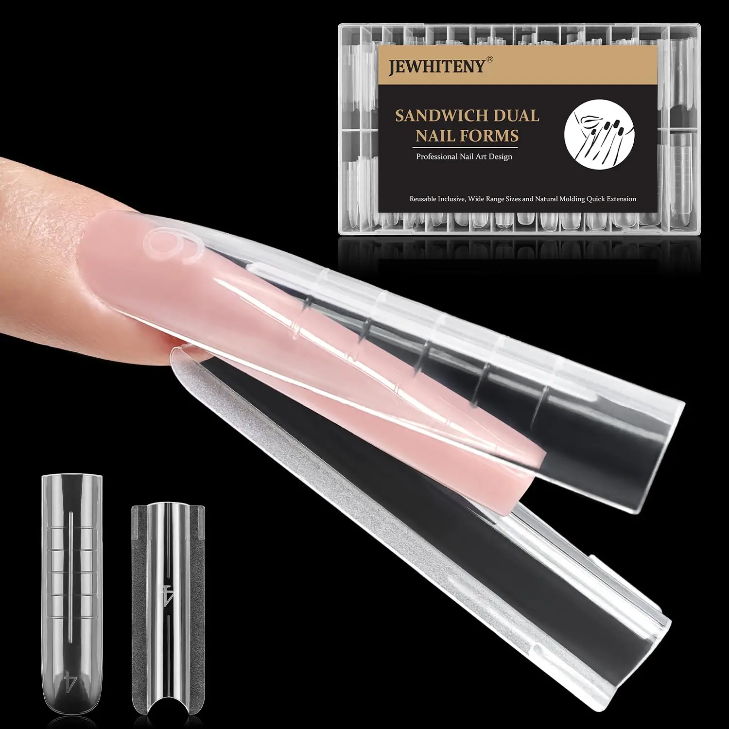 JEWHITENY 140 PCS Sandwich Nails Dual Forms:Long Square Reusable Nail Forms with Guide Lines,14 Sizes Nail Mold for Nails Extension,Salon & Home DIY Nail Art Tools