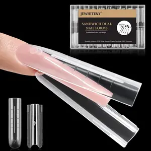 JEWHITENY 140 PCS Sandwich Nails Dual Forms:Long Square Reusable Nail Forms with Guide Lines,14 Sizes Nail Mold for Nails Extension,Salon & Home DIY Nail Art Tools