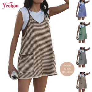 Yeokou Women's Summer Athletic Mini Dress Sleeveless V Neck Built-in Shorts Striped Tennis Workout Vacation