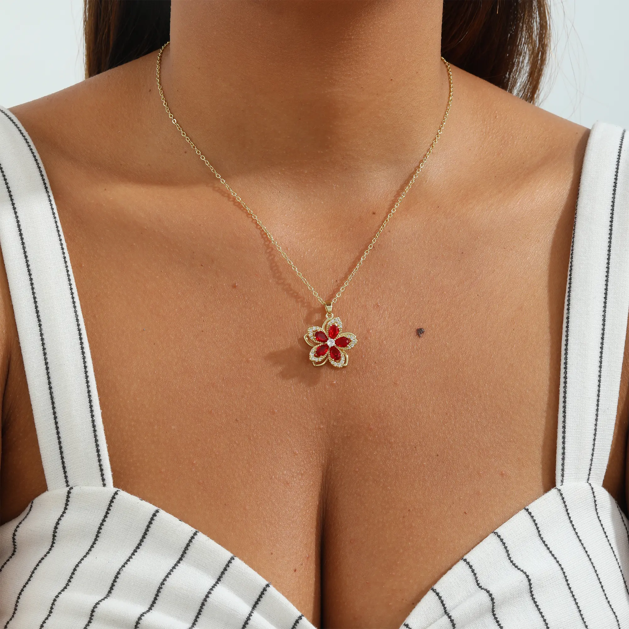 VENOCO Birthstone Flower Necklace for Women 14K Gold Plated Dainty Decompression Necklace Rotatable Crystal Silver Blossom Pendant Necklaces Adjustable Spinning Fidget Necklaces Redbud Flower Choker Funny Summer Jewelry Gift for Women