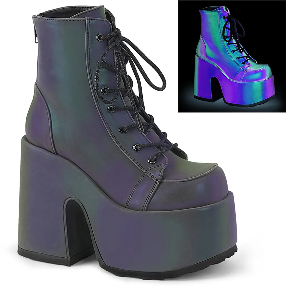 Demonia Camel-203 Green Multi Reflective Ankle Boots
