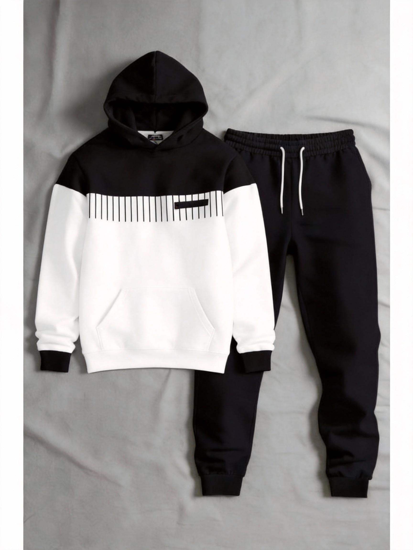 Business Fashion Leisure Set Simple Versatile Hoodie Set Clothes Menswear Long Sleeve Suits 25115 Gamis Wetsuit Black White Color Block Trousers