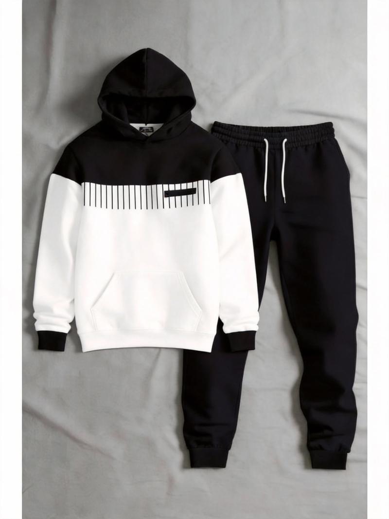 Business Fashion Leisure Set Simple Versatile Hoodie Set Clothes Menswear Long Sleeve Suits 25115 Gamis Wetsuit Black White Color Block Trousers Business Fashion Leisure Set Simple Versatile Hoodie Set Clothes Menswear Long Sleeve Suits 25115 Gamis Wetsuit Black White Color Block Trousers