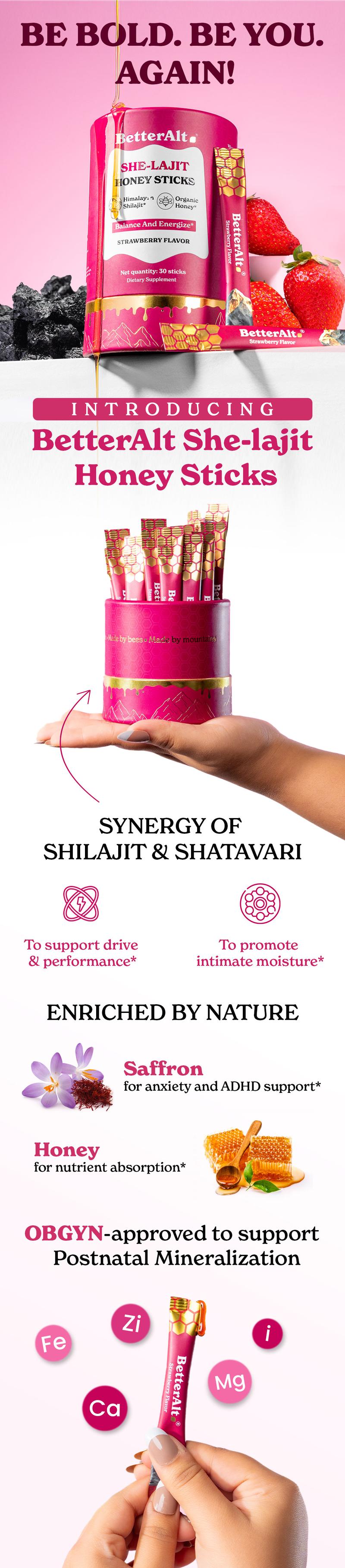 Women Multi-Mineral Honey Sticks | BetterAlt SHE-Lajit Strawberry Flavor | Shilajit, Shatavari & Saffron | Hormonal Balance & Energy - 30 Honey Packs