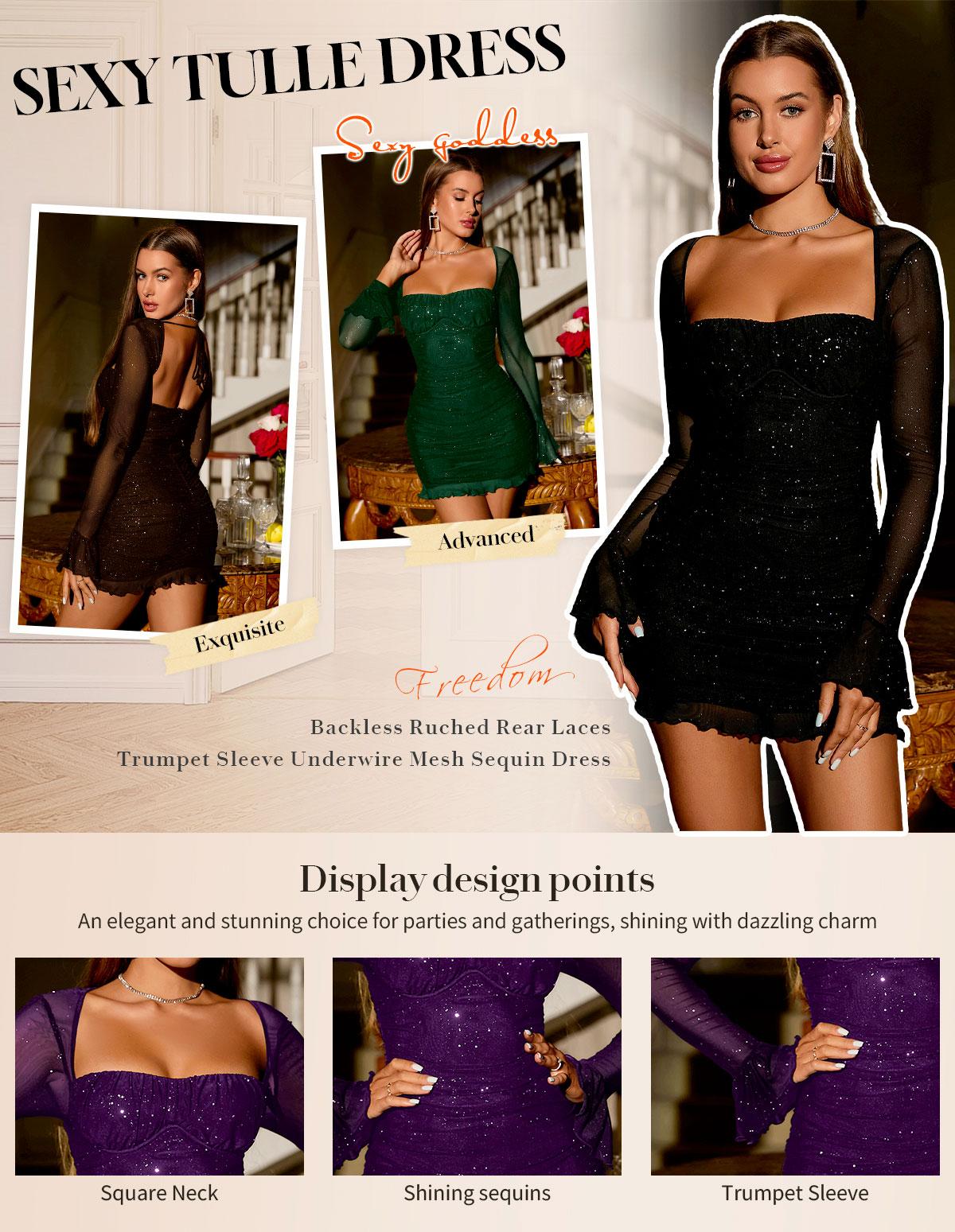 Parthea Red Sequin Mesh Ruched Bodycon Dress with Long Sleeves Square Neckline & Back Tie Design for Romantic Dates & Evening Events