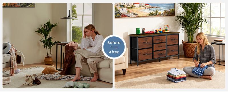 Dresser with 7 Fabric Drawers, 47 Inch Dresser TV Stand for 43, 50, 55 Inch TV, Metal Frame, for Bedroom, Clothing Dresser with 7 Fabric Drawers, 47 Inch Dresser TV Stand for 43, 50, 55 Inch TV, Metal Frame, for Bedroom, Clothing