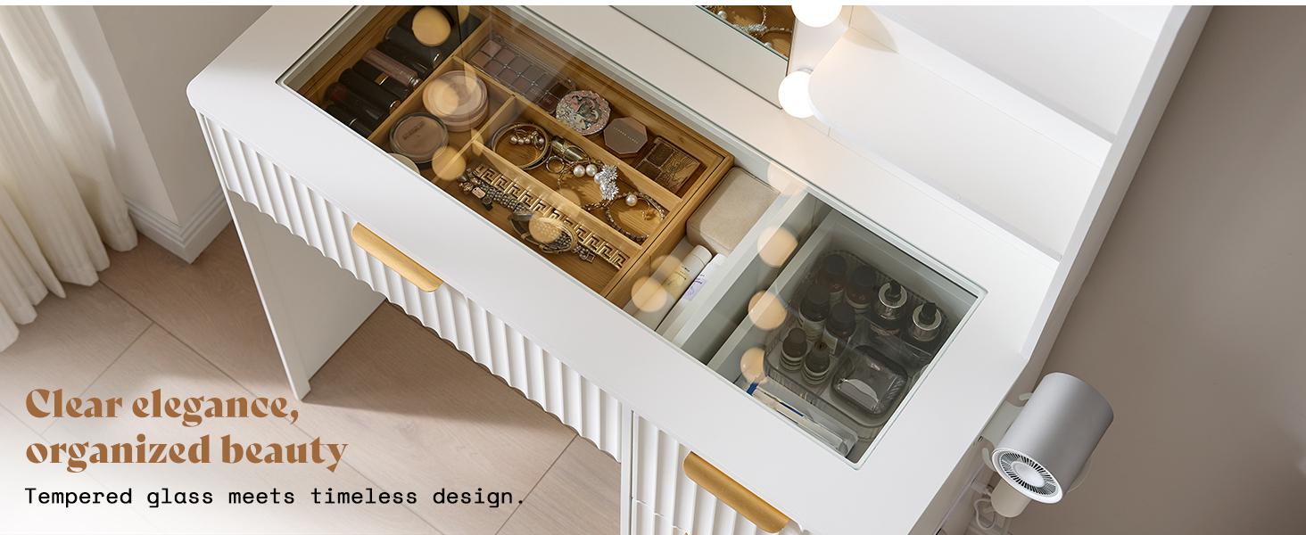 VanAcc 36.2/47.2" Fluted Vanity Desk with Mirror and Adjustable LED Lights, Large 4/7 Drawers Makeup Table with Glass Top and Charging Station for Women and Girls, Bedroom or Dorm