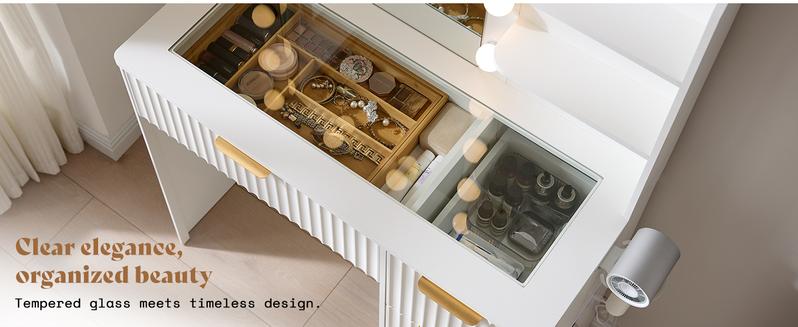 VanAcc 36.2/47.2" Fluted Vanity Desk with Mirror and Adjustable LED Lights, Large 4/7 Drawers Makeup Table with Glass Top and Charging Station for Women and Girls, Bedroom or Dorm