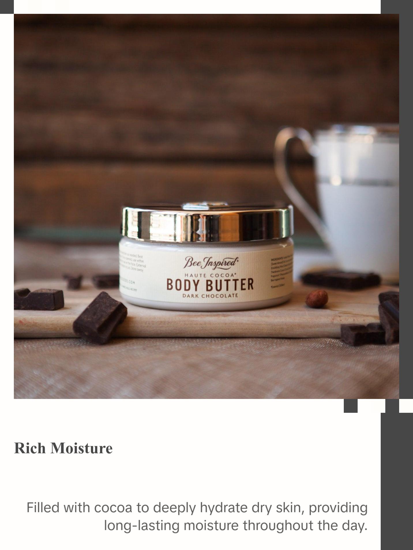BeeInspired Haute Cocoa Honey Body Butter - Dark Chocolate Scented, 7 oz, Moisturizer for All Skin Types, Handmade in America, Free of Petrochemicals & Dyes