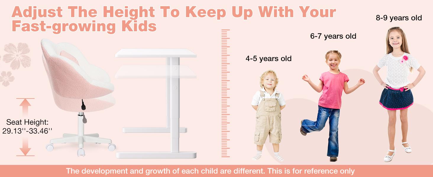 HOFFREE Kids Desk Chair Ergonomic Flower Study Chair Boucle Swivel Kids Computer Chair Adjustable Height Cute Children Desk Chair for Boys Girls in Home Bedroom Study Room Pink and Beige