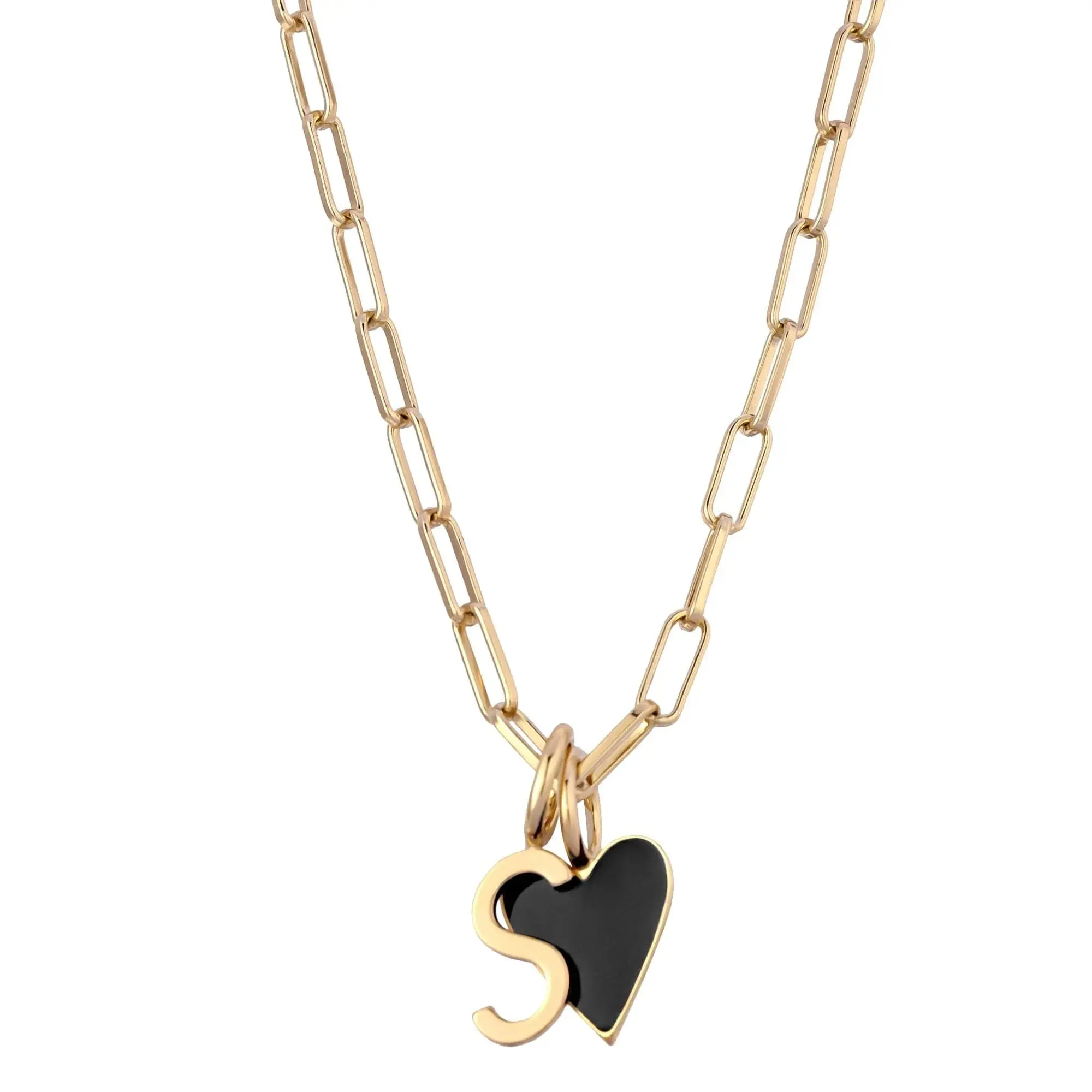 Cara Black Enamel Charm Necklace with Heart Pendant and Chain