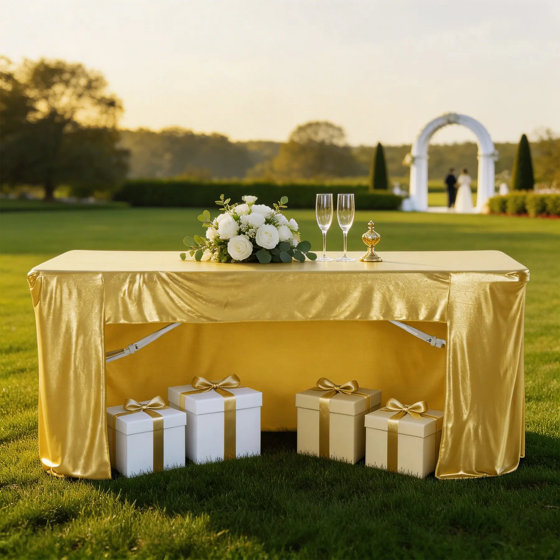 Gold Satin Tablecloth 6FT Rectangle, , Wrinkle-Free Floor Length Shimmer Tablecloth with Hollow Back Design (4-Sided Coverage, One Open Side) for Weddings, Parties, Baby Shower, Banquet and Vendor Events
