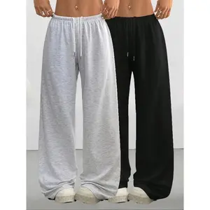 Women's Casual Drawstring Wide Leg Pants, 2 Pack Simple Solid Color Lounge Wear, Comfortable for Spring Summer Fall Daily Use