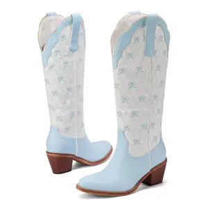 【Valentine's Day Gift】Cowboy Boots for Women, with Bow Embroidery Casual Knee High Boots for Women, Chunky Heel Pointed Toe Western Boot for Dressy Party