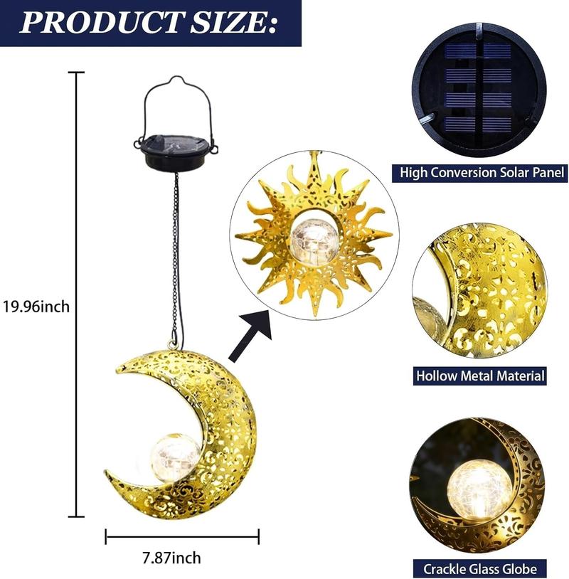 BougeRV  Solar Hanging Sun & Moon Lights Set for Outside, Metal Lanterns Pierced Carving Soothing Lamp, Large Decorations for Yard Garden Patio Proch Tree Wall, Christmas Gifts for Women Mom