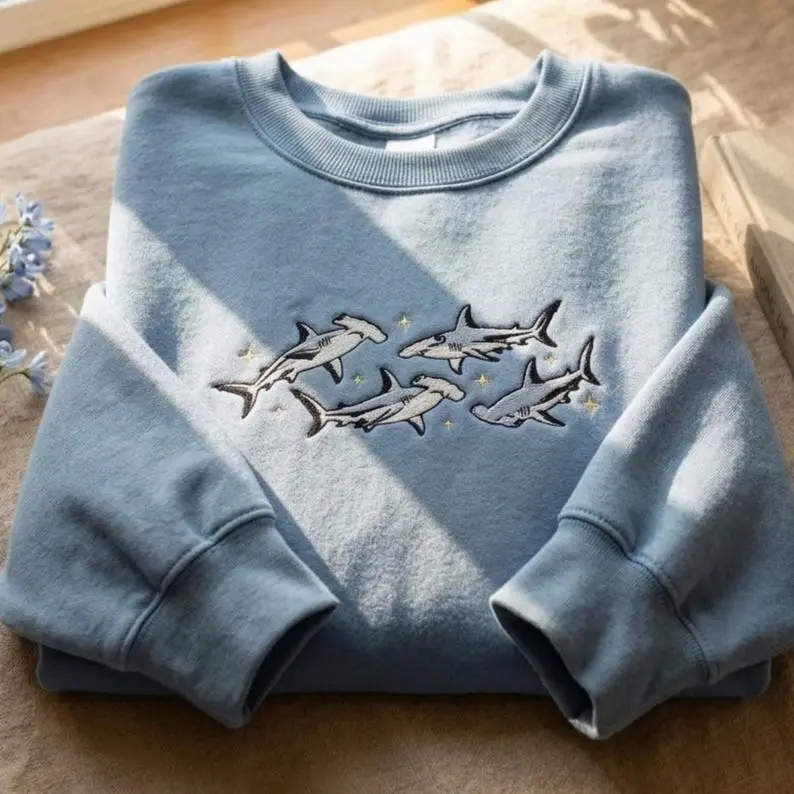 Shark Embroidered Sweatshirt, Ocean Animal Crewneck, Blue Marine Life Pullover, Minimalist Sea Creature Top