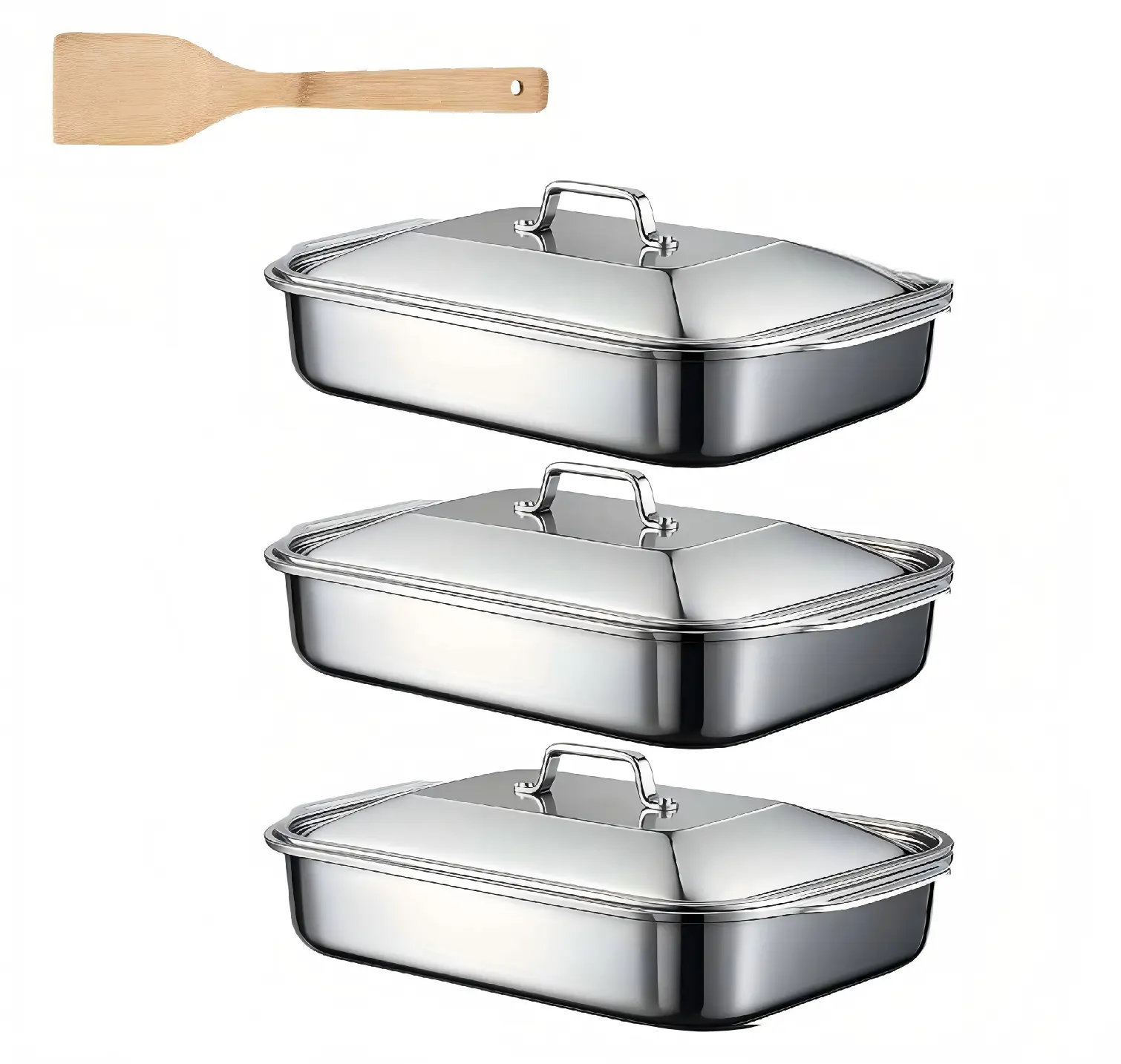 LOVEWE 3/2-Pack Stainless Steel Rectangular Baking Trays with Wooden shovel, Perfect for Use As Oven Trays, Serving Dishes, And Versatile Heating Trays for Grilling, Home Cooking, Festive Meals Heat Resistant Bakeware