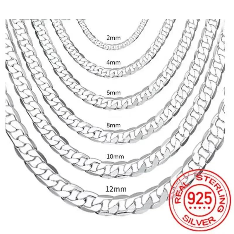 Men's Silver Color Necklace 2/4/6/8/10/12MM 40-75cm Face Chain Necklace Lobster Clasp Men Women Engagement Jewelry Gifts