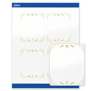 Avery Printable Rectangle Labels, 4" x 3-1/3", Glossy White, Pre-printed Metallic Gold Christmas Trees Design, Sure Feed Technology, Laser & Inkjet Compatible, 80 Total