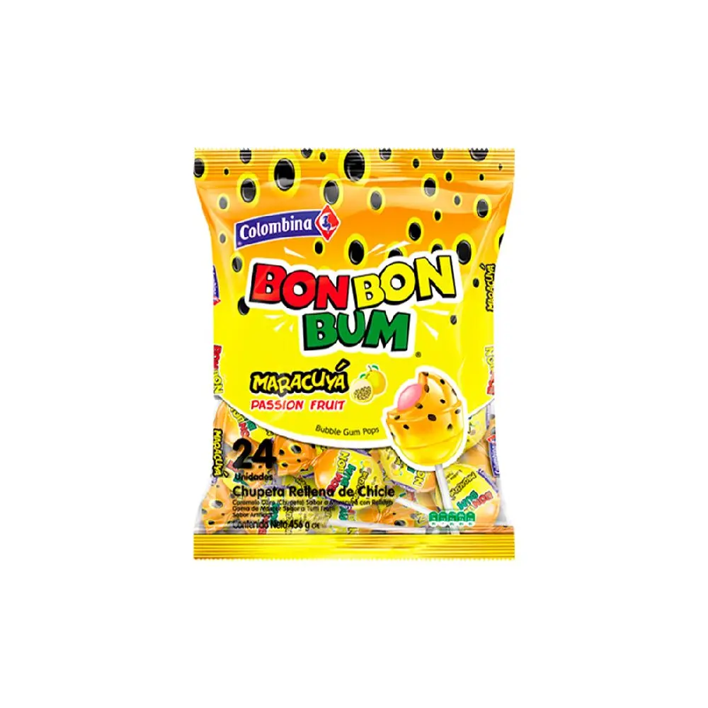Colombina Bonbonbum Maracuya Passion Fruit Lollipops with Bubblegum Center Individually Wrapped 24 Count Pack Sour Sweet Candy for Easter Dav Chewina Gum Flavor