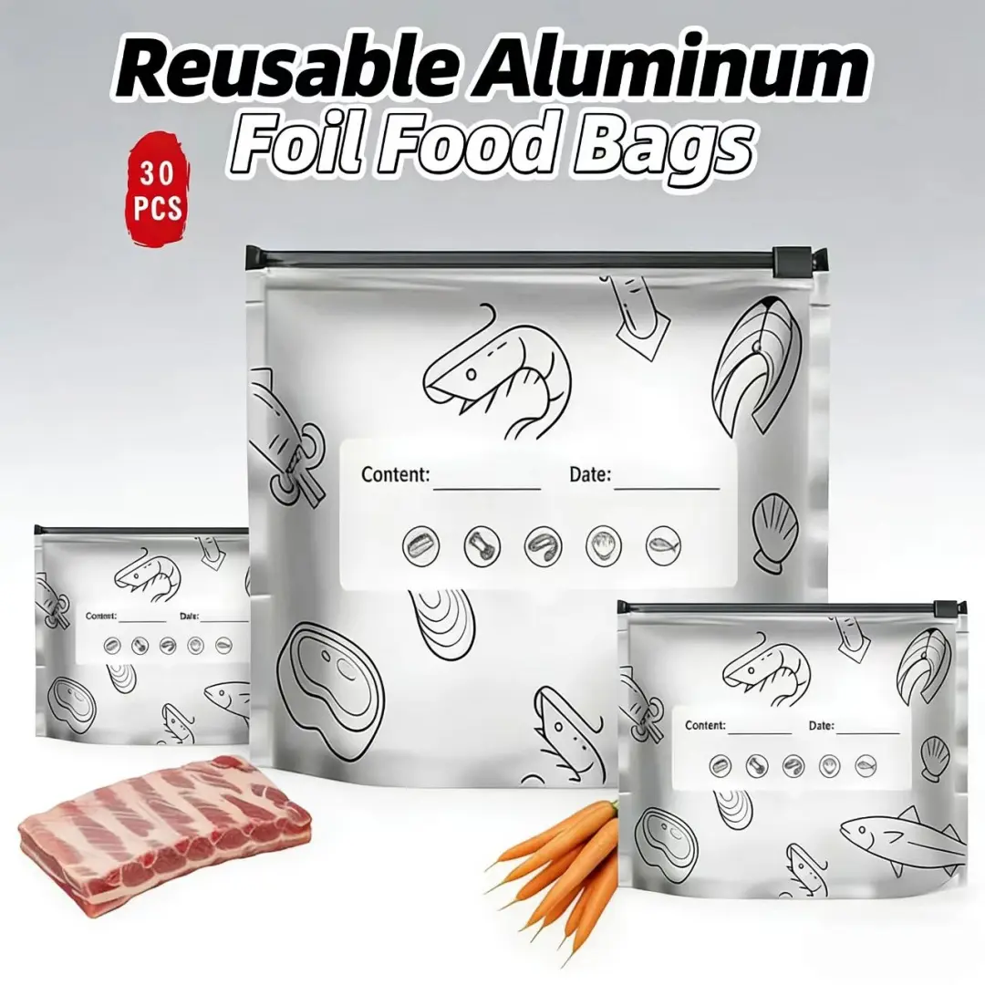 30 PCS Eco-Friendly Aluminium Foil Reusable Multi-Size Storage Bags - 3 Sizes (Large, Medium, Small), Durable, Freezer Safe, Waterproof, Dustproof, Leak-Proof Zipper Containers - Food Storage, Multi-Purpose, Everyday Use Home Kitchen Organizer