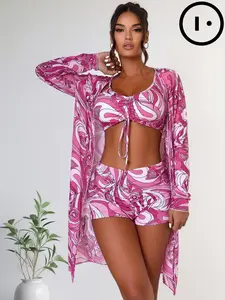 Women's 3-Piece Floral Print Beach Bathing Suit Bikini Set with Long-Sleeve Tie-Front Cloak, High-Waist Tankini, Tropical Split & Solid Color Design, Summer Sports & Outdoor Swimwear, Bathing Suits Bikini