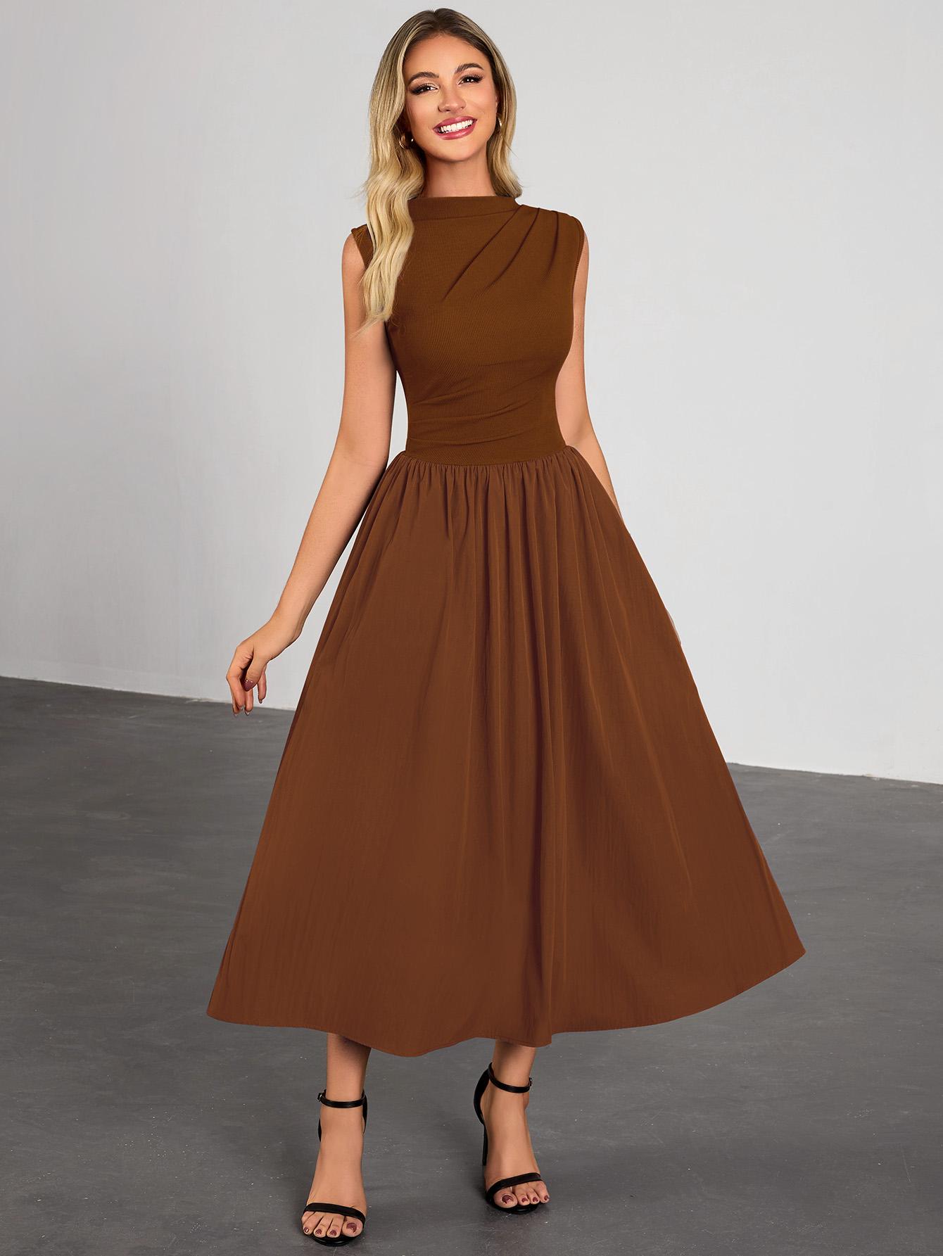 Miusol 85234B Women's Summer Maxi Dresses for Women 2026 Spring Sleeveless Half Collar Casual Ruched Swing A-Line Dress with Pocket Sundress Flowy Beach Dress