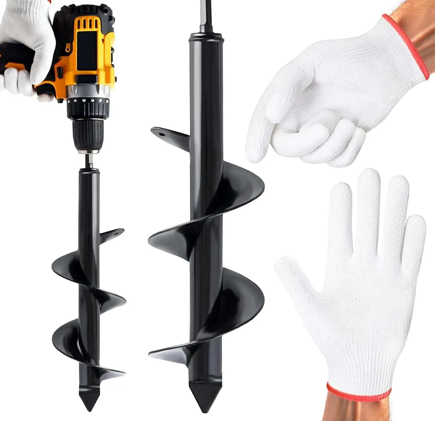 Heavy Duty Post Hole Digger Auger Drill Bit (4x12 in, 1pk) - Gloves Included, Garden Spiral Bulb Planter Tool for Digging Holes, Compatible with 3/8 in Hex Drive, 3/8 Inch Hex Drive