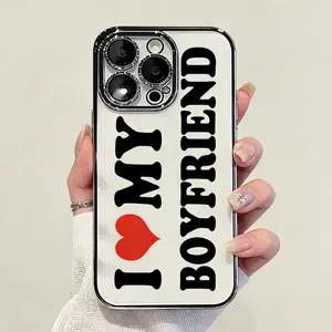 I Love My Boyfriend Pattern Phone Cases Transparent Plating Soft TPU Shockproof Cellphone Casing Cover for iPhone 16 Pro Max 15 Plus 14 13 12 11 XS X with Camera Button Coverage & Lanyard Hole